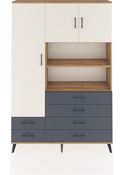 Arges Dolap 8 Raflı 6 Çekmeceli 3 Kapaklı 132X30X195 Çam-Aytaşı/antrasit