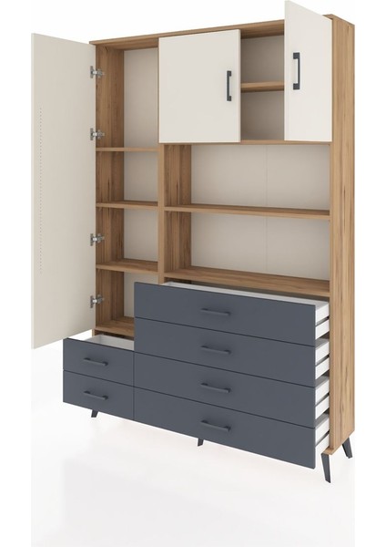 Arges Dolap 8 Raflı 6 Çekmeceli 3 Kapaklı 132X30X195 Çam-Aytaşı/antrasit modelleri