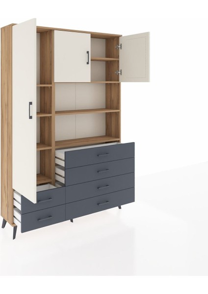 Arges Dolap 8 Raflı 6 Çekmeceli 3 Kapaklı 132X30X195 Çam-Aytaşı/antrasit indirimleri
