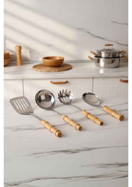 Bambum Mundo 4 Parça Bambu Saplı Çelik Mutfak Gereç Seti Çeyiz Seti Kaşık Kevgir Kepçe