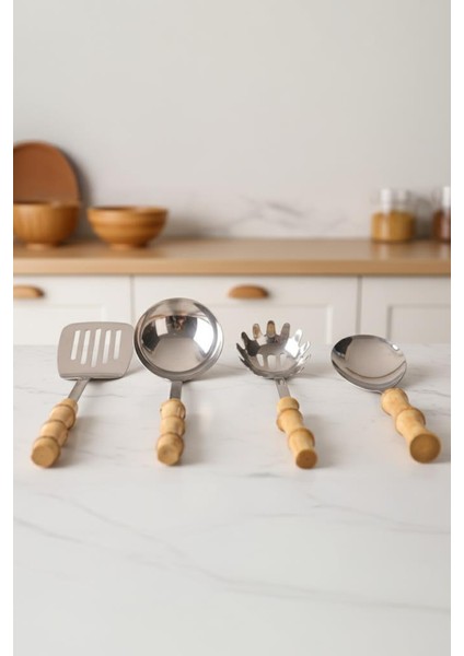 Bambum Mundo 4 Parça Bambu Saplı Çelik Mutfak Gereç Seti Çeyiz Seti Kaşık Kevgir Kepçe fiyatları