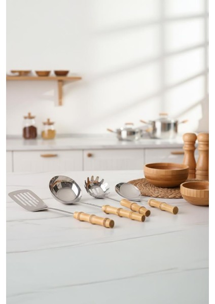 Bambum Mundo 4 Parça Bambu Saplı Çelik Mutfak Gereç Seti Çeyiz Seti Kaşık Kevgir Kepçe modelleri