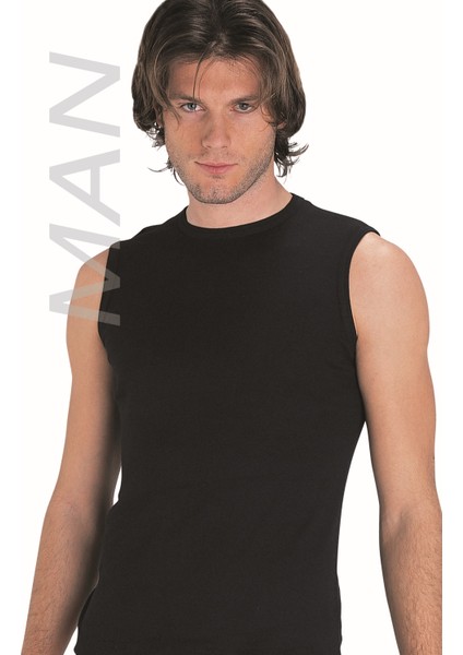 Erkek Siyah Ribana Sıfır Kollu Atlet % 100 Pamuklu Atlet 3’lü Paket 114-3S