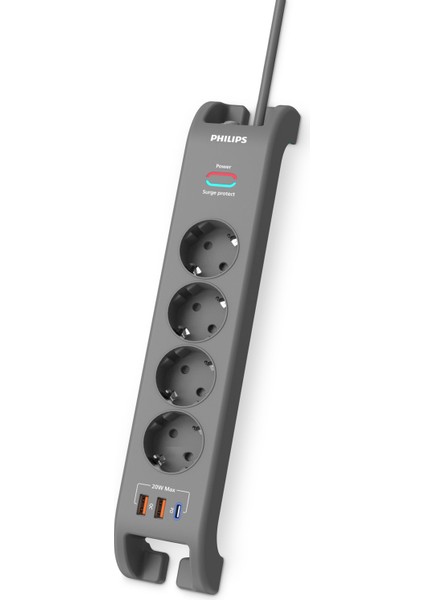 SPN4140GA Akım Korumalı Priz 4'lü + 2x Usb-A 18W + 1x Usb-C 20W - 2m Kablo - Siyah