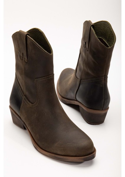Crazy Deri Kadın Kovboy Bot - Haki modelleri