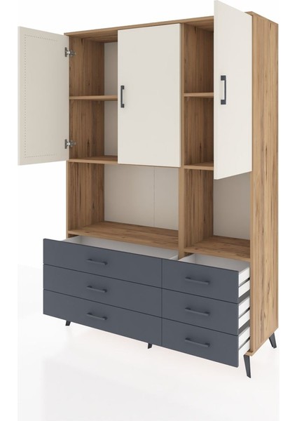 Hyperion Dolap 6 Raflı 6 Çekmeceli 3 Kapaklı 132X44X195 Çam-Aytaşı/antrasit modelleri