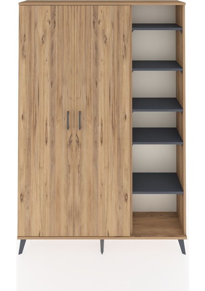 Arges Dolap 7 Raflı 2 Kapaklı Tek Askılı 132X30X195 Çam-Çam/antrasit