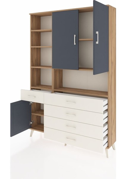 Arges Dolap 8 Raflı 5 Çekmeceli 3 Kapaklı 132X30X195 Çam-Antrasit/aytaşı modelleri