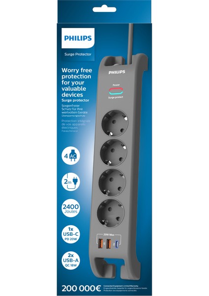 SPN4140GA Akım Korumalı Priz 4'lü + 2x Usb-A 18W + 1x Usb-C 20W - 2m Kablo - Siyah fiyatları