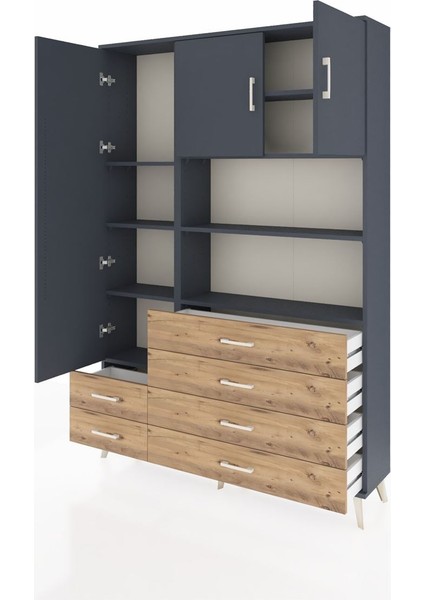 Arges Dolap 8 Raflı 6 Çekmeceli 3 Kapaklı 132X30X195 Antrasit-Antrasit/çam modelleri