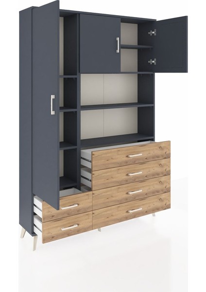 Arges Dolap 8 Raflı 6 Çekmeceli 3 Kapaklı 132X30X195 Antrasit-Antrasit/çam indirimleri