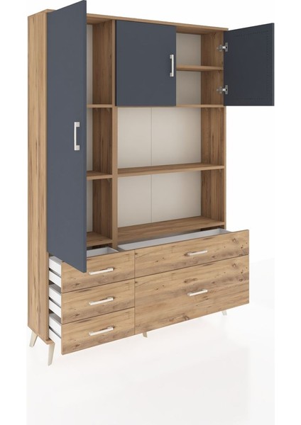 Arges Dolap 7 Raflı 5 Çekmeceli 3 Kapaklı 132X30X195 Çam-Antrasit/çam indirimleri