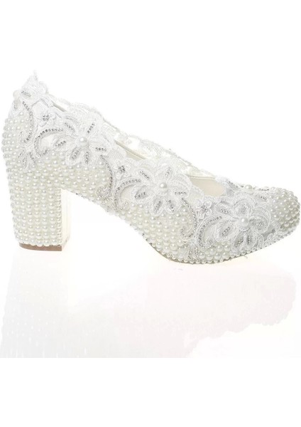 Kadın Moda Şık Sedef Inci Taş Işlemeli Gelin Ayakkabı Topuklu Düğün Nişan Gece Abiye Ayakkabısı