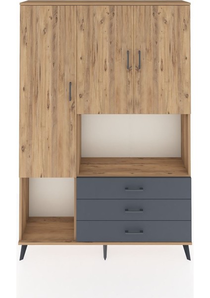 Arges Dolap 6 Raflı 3 Çekmeceli 3 Kapaklı 132X30X195 Çam-Çam/antrasit