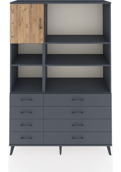 Hyperion Dolap 7 Raflı 8 Çekmeceli Tek Kapaklı 132X44X195 Antrasit-Çam/antrasit