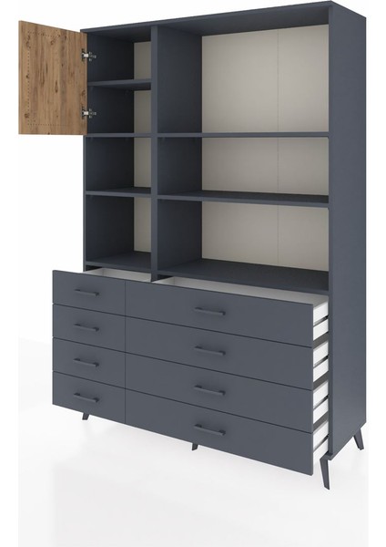Hyperion Dolap 7 Raflı 8 Çekmeceli Tek Kapaklı 132X44X195 Antrasit-Çam/antrasit modelleri