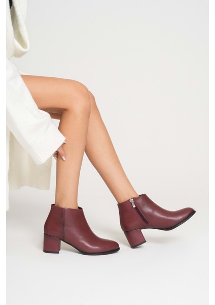 Kadın Hakiki Deri Topuklu Bot - Bordo