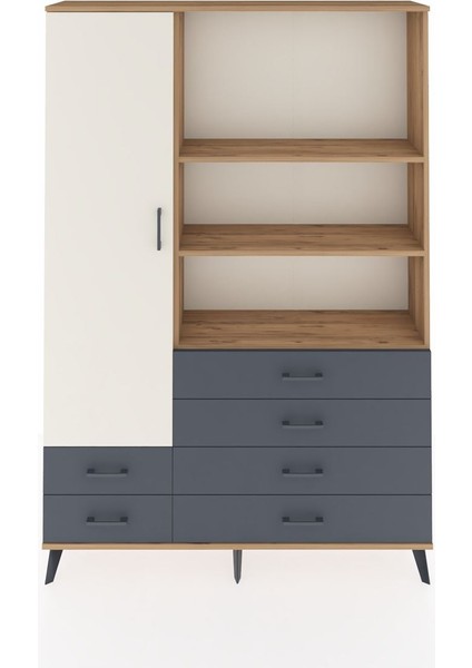 Arges Dolap 7 Raflı 6 Çekmeceli Tek Kapaklı 132X30X195 Çam-Aytaşı/antrasit