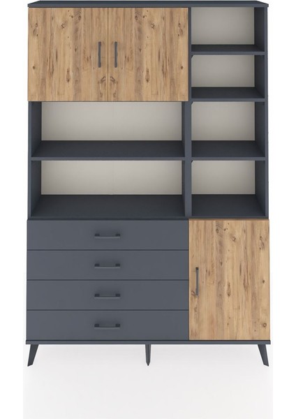 Arges Dolap 9 Raflı 4 Çekmeceli 3 Kapaklı 132X30X195 Antrasit-Çam/antrasit