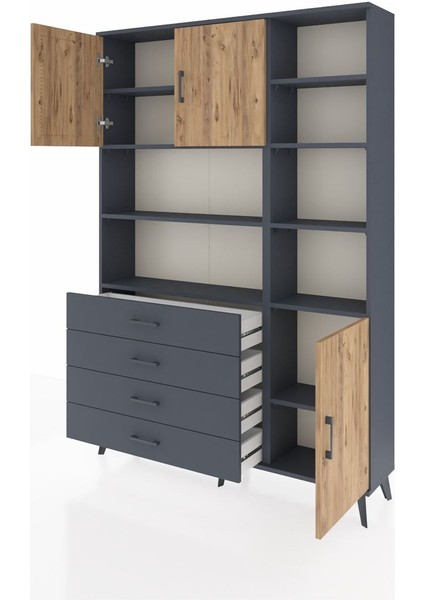 Arges Dolap 9 Raflı 4 Çekmeceli 3 Kapaklı 132X30X195 Antrasit-Çam/antrasit modelleri