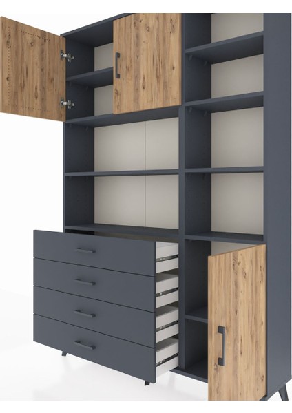 Arges Dolap 9 Raflı 4 Çekmeceli 3 Kapaklı 132X30X195 Antrasit-Çam/antrasit fırsatları