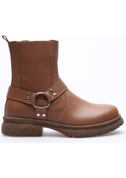 Kadın Hakiki Deri Metal Aksesuarlı Bot - Ceviz modelleri