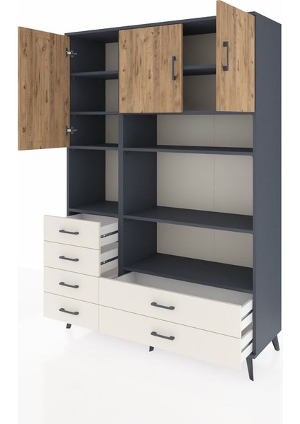 Hyperion Dolap 9 Raflı 6 Çekmeceli 3 Kapaklı 132X44X195 Antrasit-Çam/aytaşı modelleri