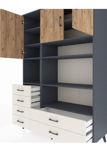 Hyperion Dolap 9 Raflı 6 Çekmeceli 3 Kapaklı 132X44X195 Antrasit-Çam/aytaşı fırsatları
