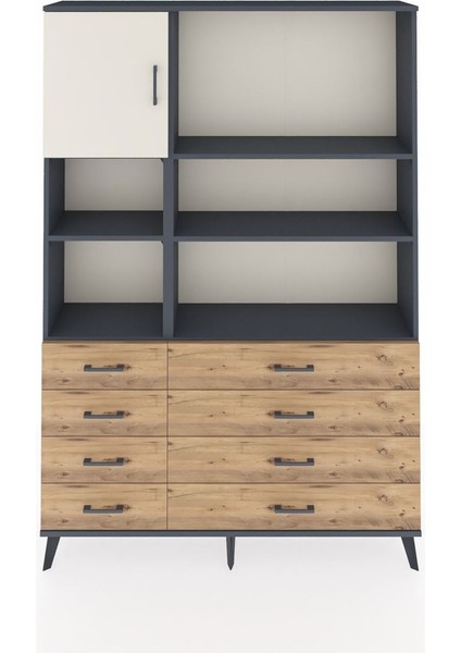 Arges Dolap 7 Raflı 8 Çekmeceli Tek Kapaklı 132X30X195 Antrasit-Aytaşı/çam