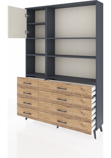 Arges Dolap 7 Raflı 8 Çekmeceli Tek Kapaklı 132X30X195 Antrasit-Aytaşı/çam modelleri