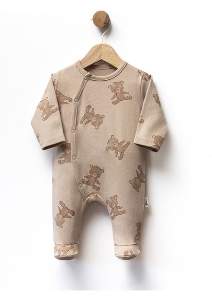 Ayıcık Desenli Kahve Erkek Bebek Önden Çıtcıtlı Patikli Tulum