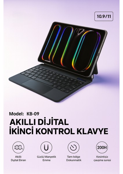 KB09 Kablosuz Klavye iPad 10.9''/11'' Uyumlu, Touchpadli Dijital Ekranlı Türkçe Q Siyah