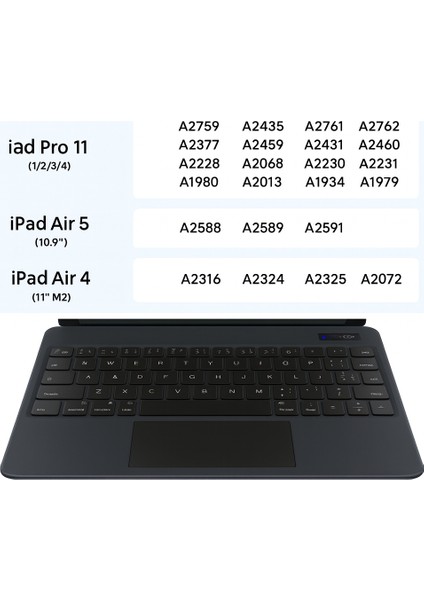 KB09 Kablosuz Klavye iPad 10.9''/11'' Uyumlu, Touchpadli Dijital Ekranlı Türkçe Q Siyah modelleri