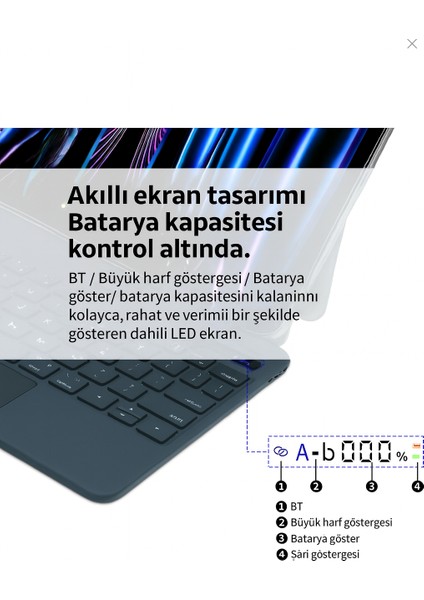 KB09 Kablosuz Klavye iPad 10.9''/11'' Uyumlu, Touchpadli Dijital Ekranlı Türkçe Q Siyah fırsatları