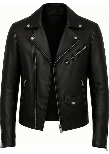 Erkek Yeni Sezon Çapraz Fermuarlı Deri Ceket Mont