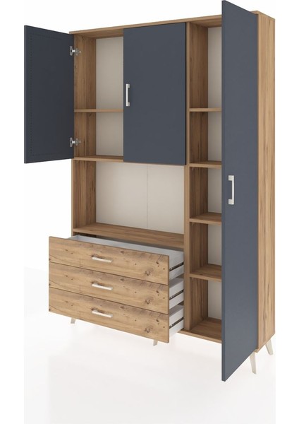 Arges Dolap 7 Raflı 3 Çekmeceli 3 Kapaklı 132X30X195 Çam-Antrasit/çam modelleri
