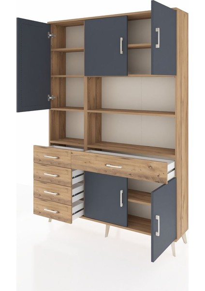 Arges Dolap 9 Raflı 5 Çekmeceli 5 Kapaklı 132X30X195 Çam-Antrasit/çam modelleri