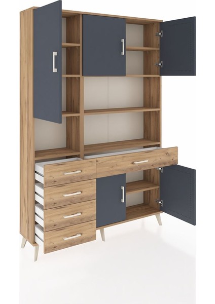 Arges Dolap 9 Raflı 5 Çekmeceli 5 Kapaklı 132X30X195 Çam-Antrasit/çam indirimleri