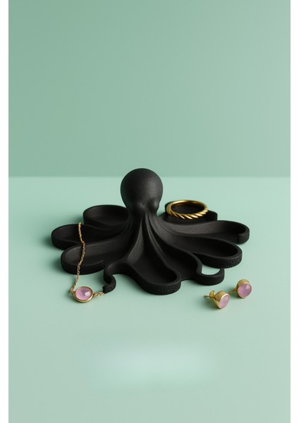 Siyah Ahtapot Figürlü Sunumluk Banyo Sabunluk, Kahvaltı Tabağı, Takı Organizeri, Mumluk 14 x 14 cm