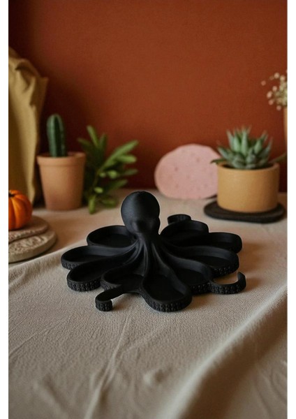 Siyah Ahtapot Figürlü Sunumluk Banyo Sabunluk, Kahvaltı Tabağı, Takı Organizeri, Mumluk 14 x 14 cm