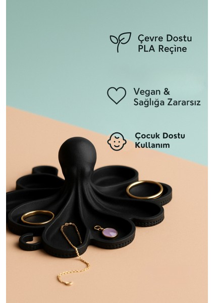 Siyah Ahtapot Figürlü Sunumluk Banyo Sabunluk, Kahvaltı Tabağı, Takı Organizeri, Mumluk 14 x 14 cm