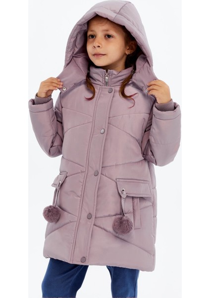 Kapüşonlu Kışlık Ponpon Detaylı Kız Çocuk Kaban 51354
