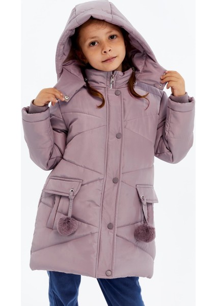 Kapüşonlu Kışlık Ponpon Detaylı Kız Çocuk Kaban 51354