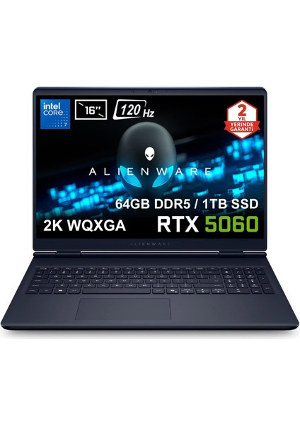 Alienware 16 Aurora Intel Core 7-240H 64GB DDR5 1TB SSD RTX5060 8GB 16 inç 2K WQXGA 120Hz WVA Ubuntu Gaming Laptop (AC16250-C71615U56Nv4) – 2 Yıl Yerinde Servis Garantisi