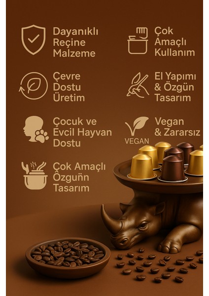 Dekoratif Gergedan Sunumluk Çok Amaçlı Pratik Ev Gereçleri Kahve (Vegan Üretim) indirimleri