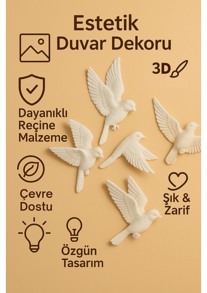 4’lü 3D Kuş Duvar Dekoru Dekoratif Reçine Dekor Modern, Bohem Duvar Dekoru Ev, Ofis Süsleme