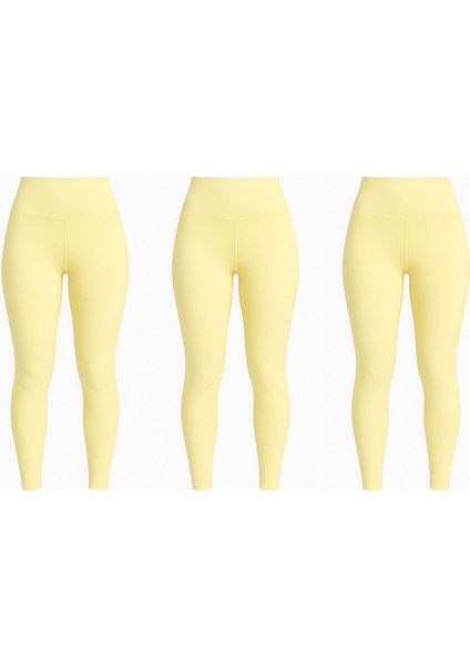 Yüksek Bel Basic Kadın Tayt 3'lü Set | Açık Sarı Renk Paket | Spor, Yoga, Günlük Esnek Tayt