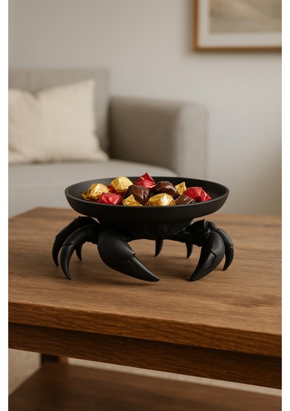 Dekoratif Yengeç Figürü Siyah Pratik Ev Gereçleri Çok Amaçlı Sunum Tabak 16 x 16 cm