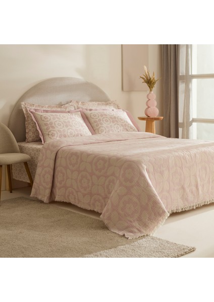 Shayla Pembe Baskılı Müslin Çift Kişilik Pike Takımı