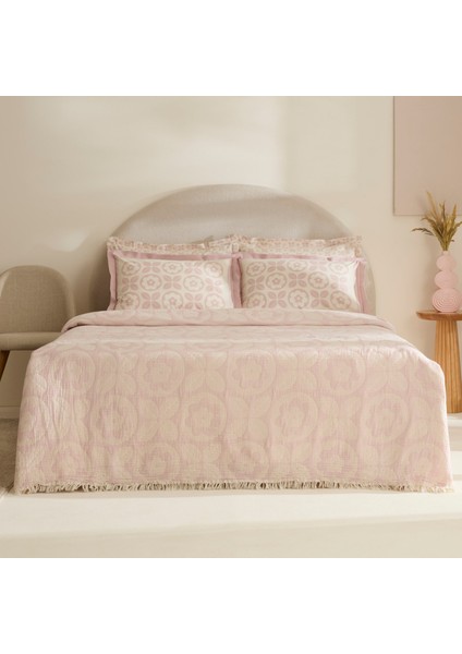Shayla Pembe Baskılı Müslin Çift Kişilik Pike Takımı